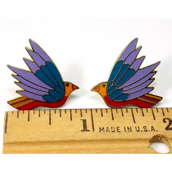 Laurel Burch "Celeste" Bird Earrings, Gold Plated Cloisonne Enamel, 1980s - Picture 2 of 10